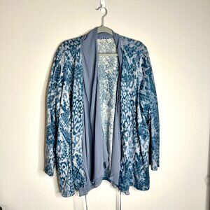 LOGO by Lori Goldstein Blue Animal Print Open Front Lace Detail Cardigan Sweater